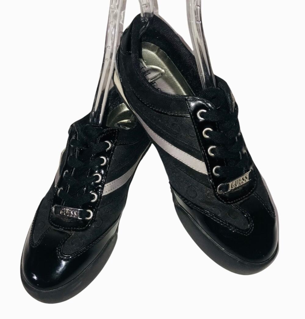 Guess Patent Leather Sneakers Silver Name Plates Logo Embossed Fabric Size 8M